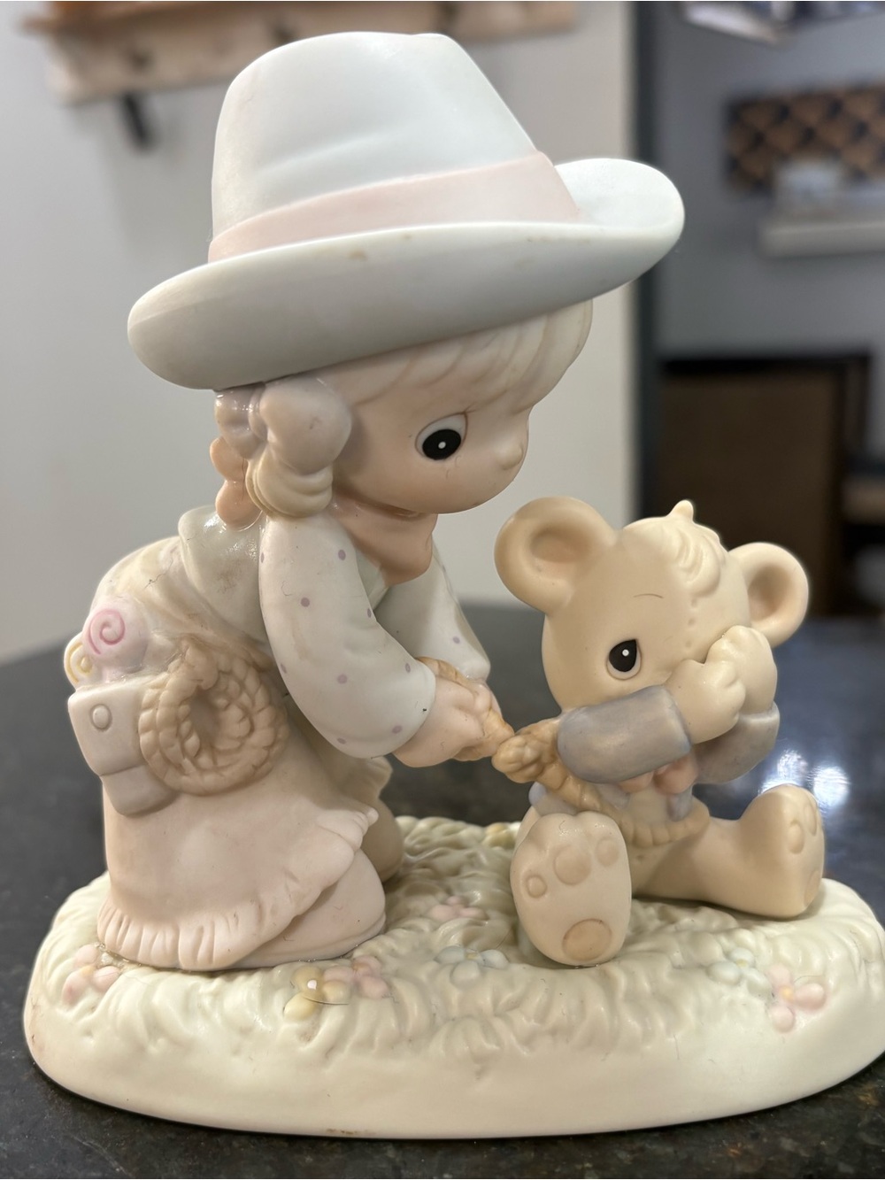 Precious Moments Cream and Pink Girl with Bear Figurine